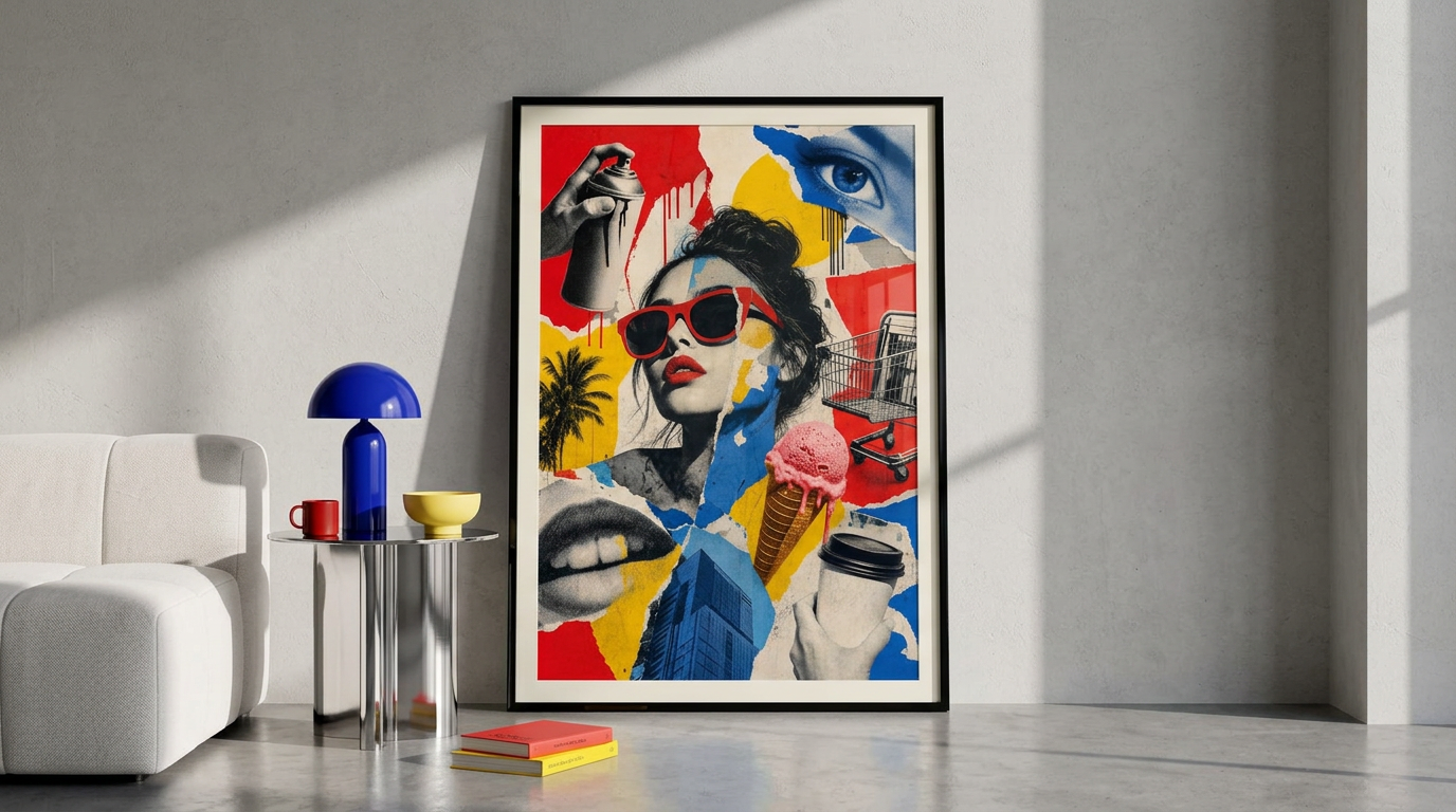 Collage Chaos pop-art print in a contemporary creative loft